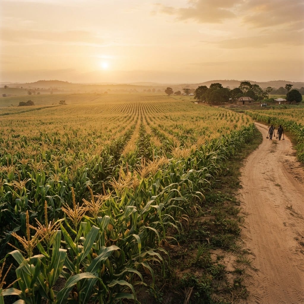 Sunlit maize farm in Nigeria at golden hour