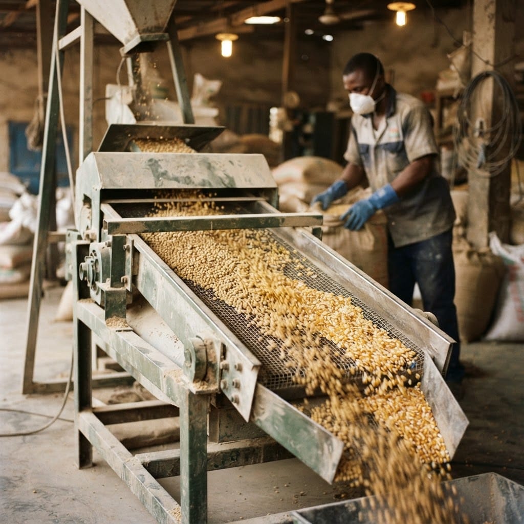 Grain cleaning and grading equipment sorting maize and soybean in a processing facility