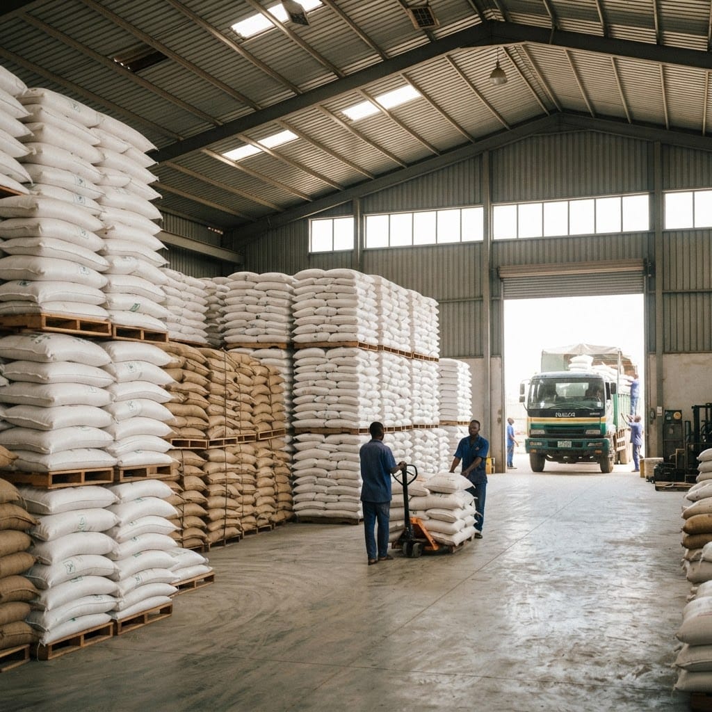 Stacked grain bags inside an agricultural commodity warehouse with a truck at the loading bay